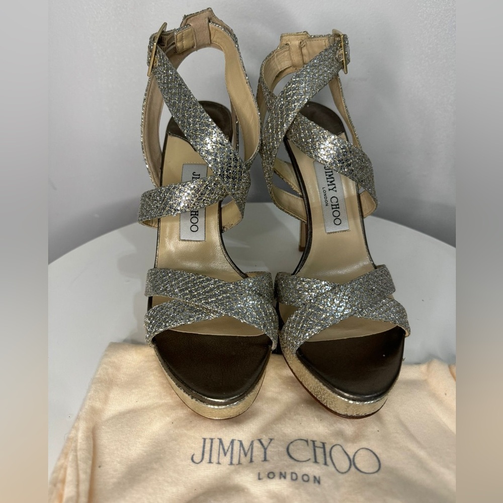 Jimmy Choo Glitter Champagne Strappy Heels - Party Vibes ✨
